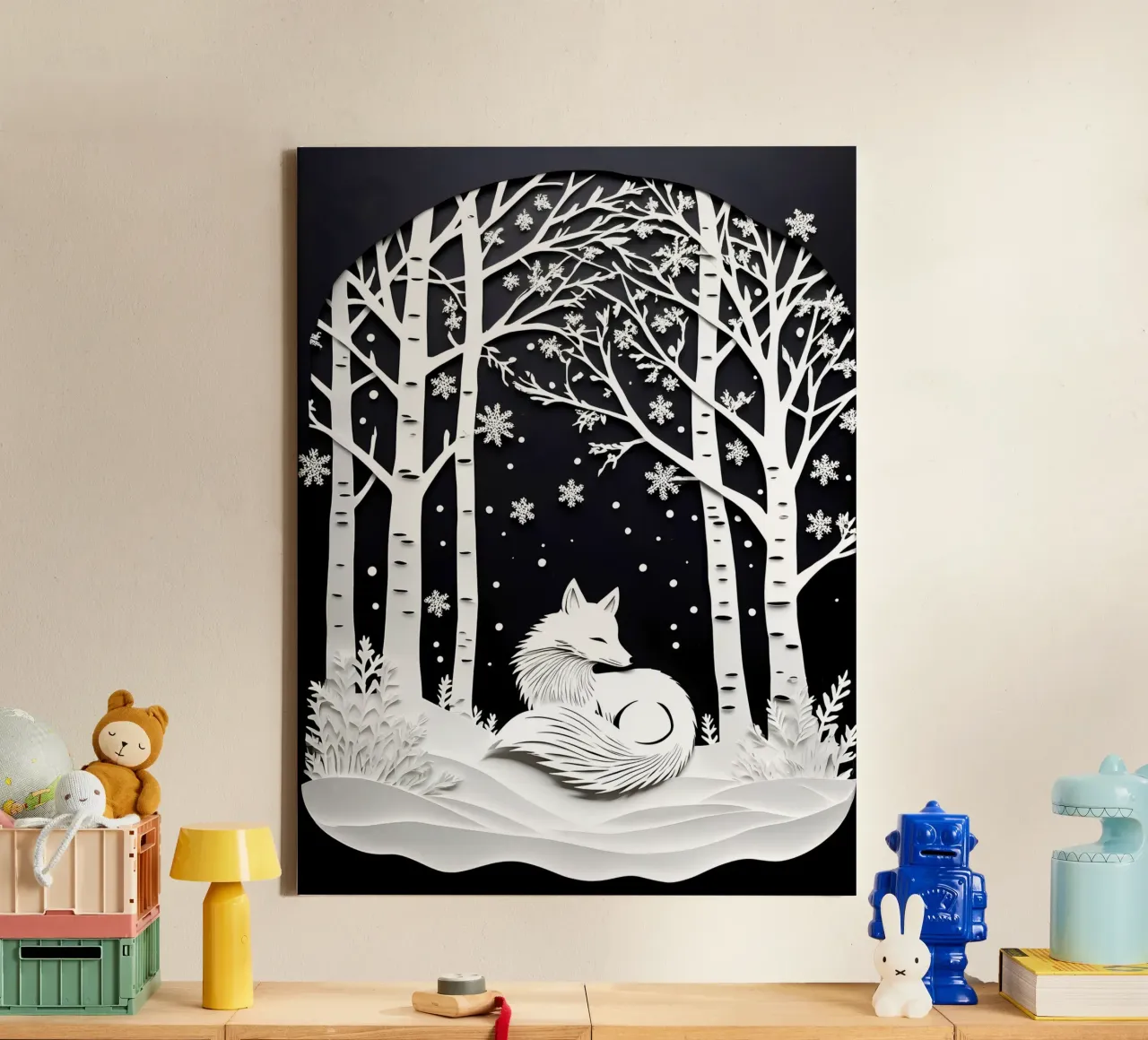 Fox In Winter Snowflakes Papercut Art canvas with Floater frame by Papercut Gallery