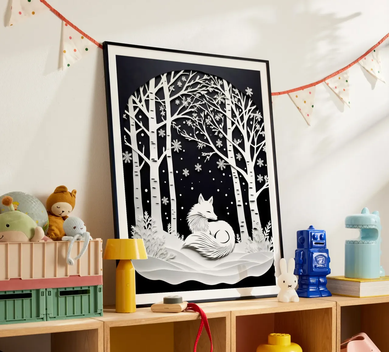 Volpe con fiocchi di neve d'inverno - Arte del ritaglio di carta poster con telaio in alluminio da Papercut Gallery