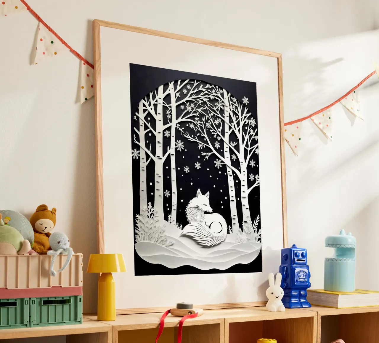 Volpe con fiocchi di neve d'inverno - Arte del ritaglio di carta poster con telaio in alluminio da Papercut Gallery