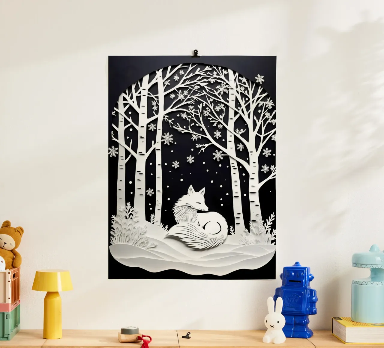 Volpe con fiocchi di neve d'inverno - Arte del ritaglio di carta poster con telaio in alluminio da Papercut Gallery