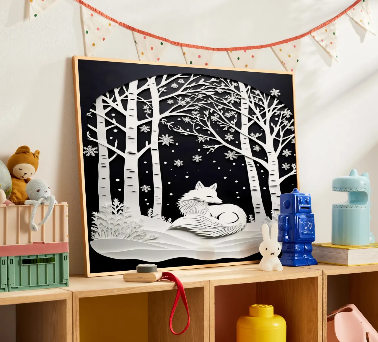 Volpe con fiocchi di neve d'inverno - Arte del ritaglio di carta poster con telaio in alluminio da Papercut Gallery