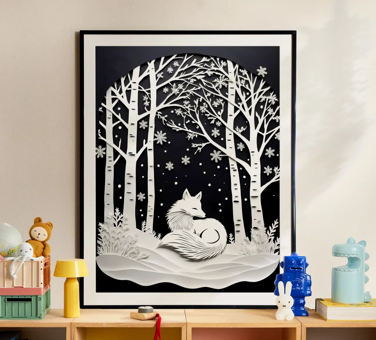 Volpe con fiocchi di neve d'inverno - Arte del ritaglio di carta poster con telaio in alluminio da Papercut Gallery