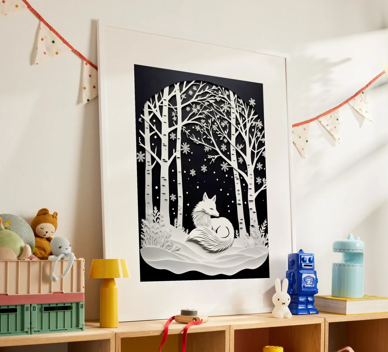 Volpe con fiocchi di neve d'inverno - Arte del ritaglio di carta poster con telaio in alluminio da Papercut Gallery