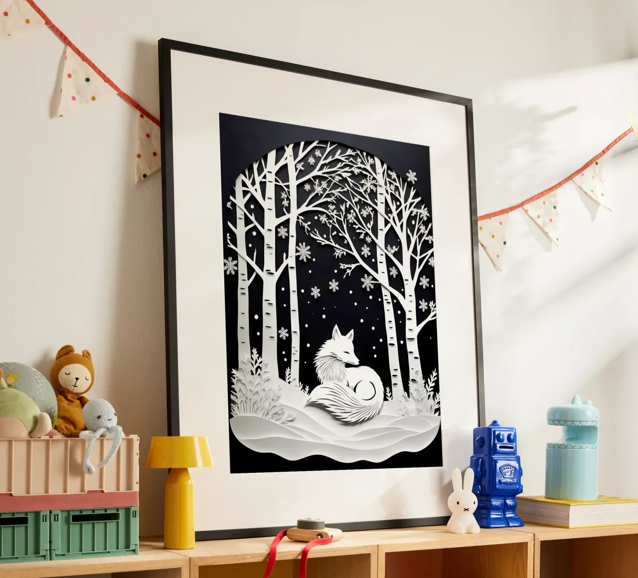 Volpe con fiocchi di neve d'inverno - Arte del ritaglio di carta poster con telaio in alluminio da Papercut Gallery