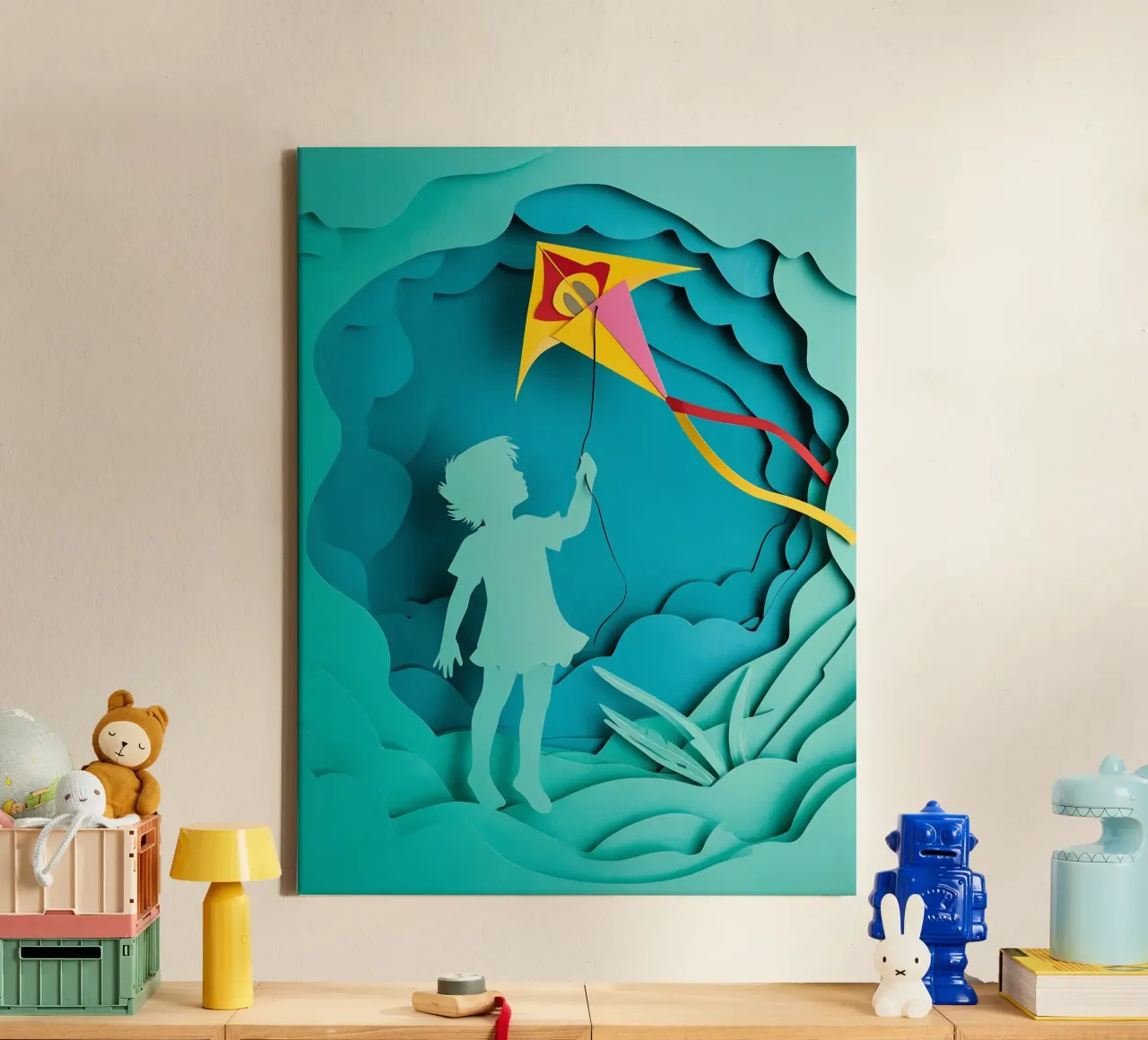 Vliegende vlieger kind papercut kunst canvas met Baklijst van Papercut Gallery