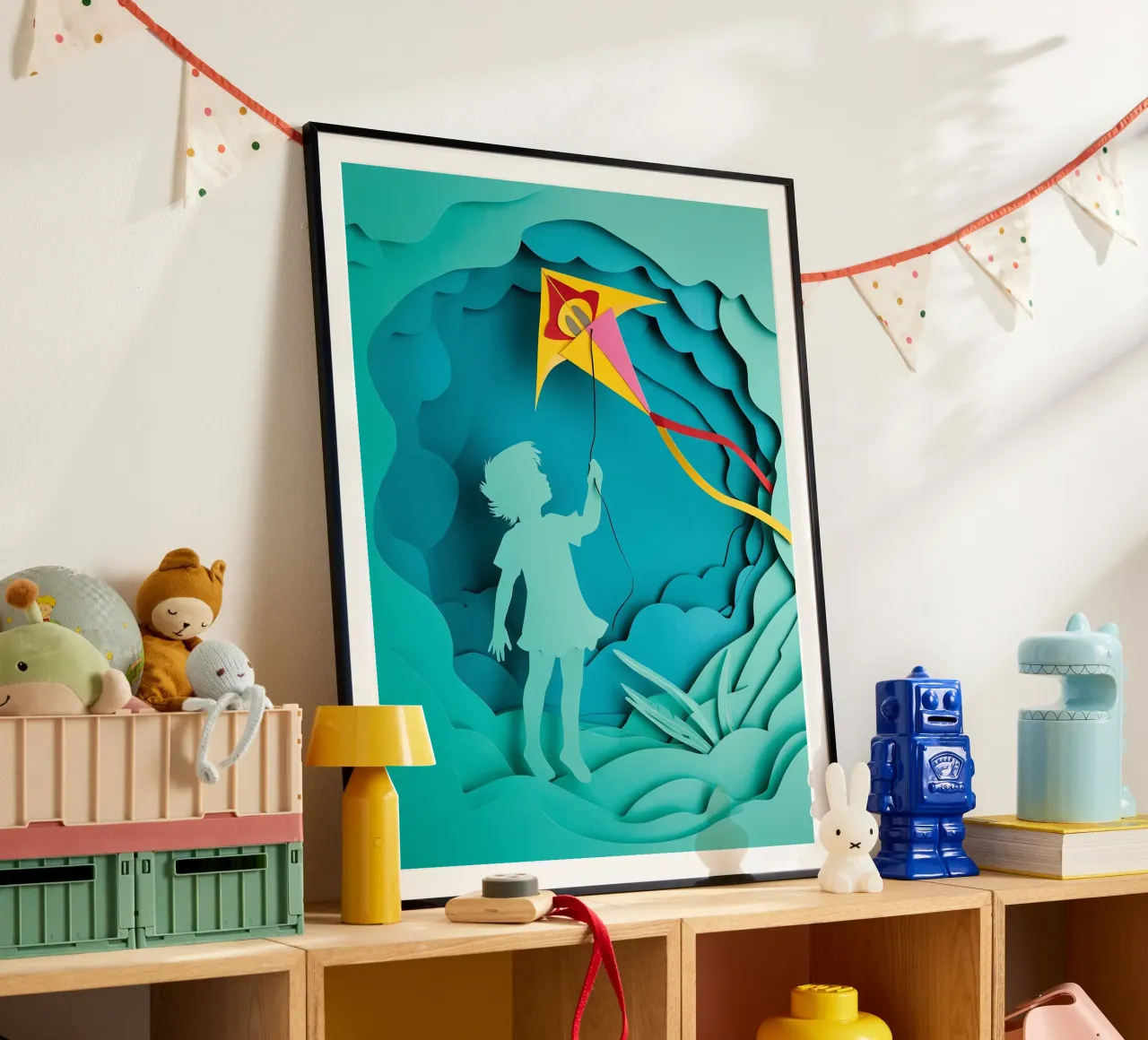 Niño volando una cometa Papercut Art poster con marco de plástico de Papercut Gallery