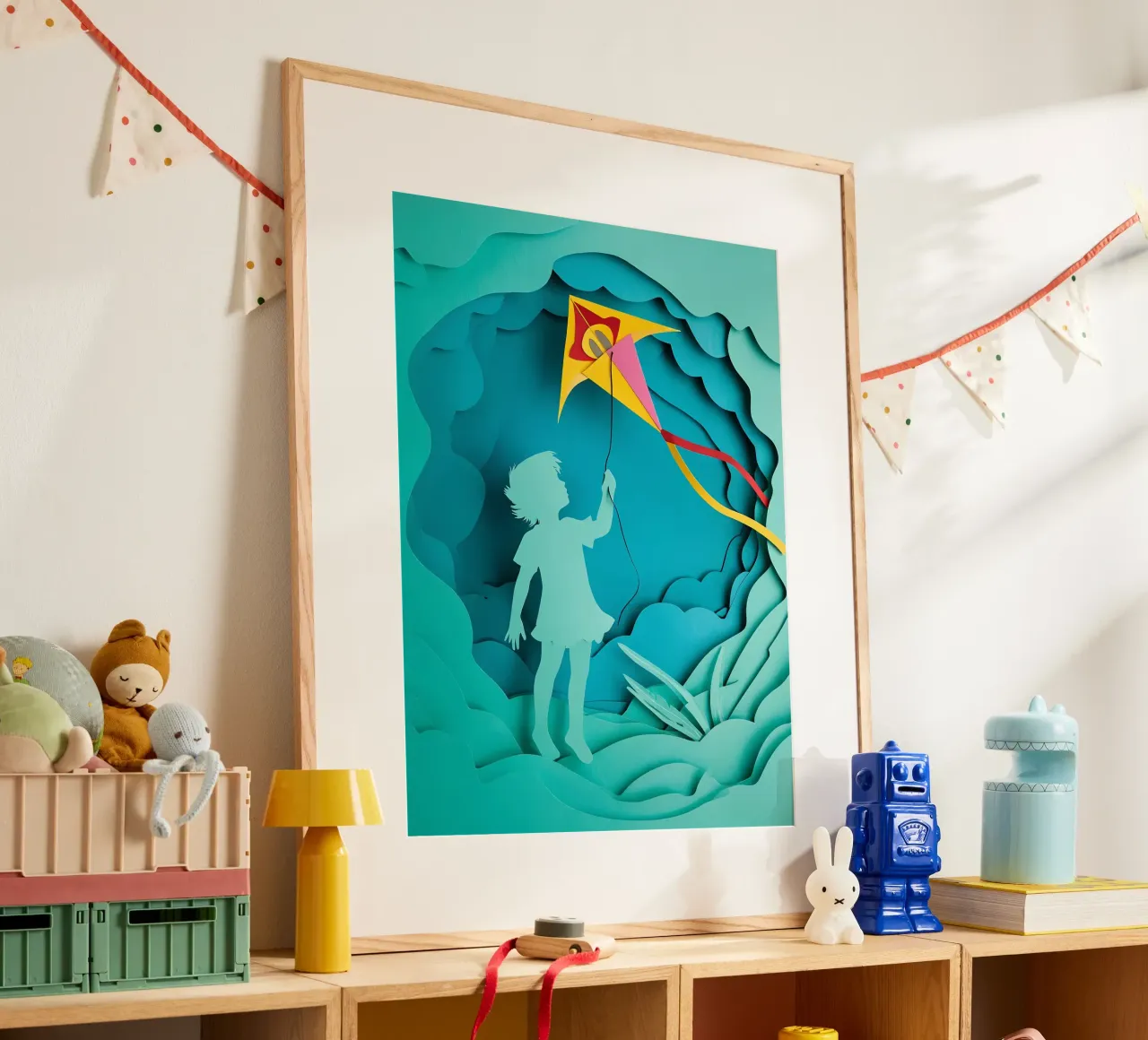 Niño volando una cometa Papercut Art poster con marco de plástico de Papercut Gallery