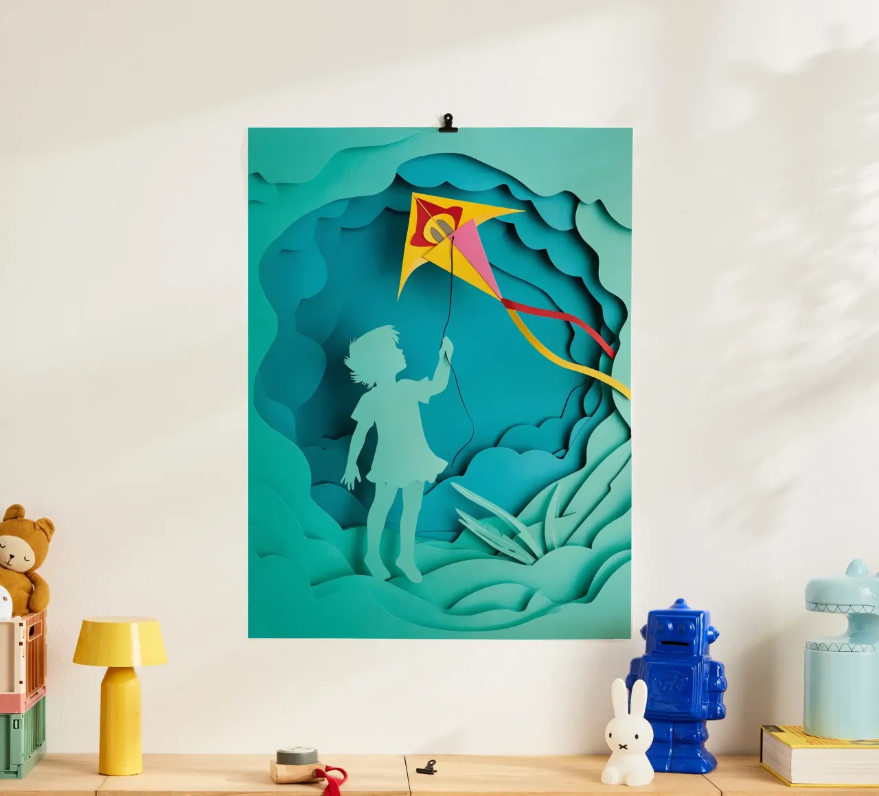 Niño volando una cometa Papercut Art poster con marco de plástico de Papercut Gallery