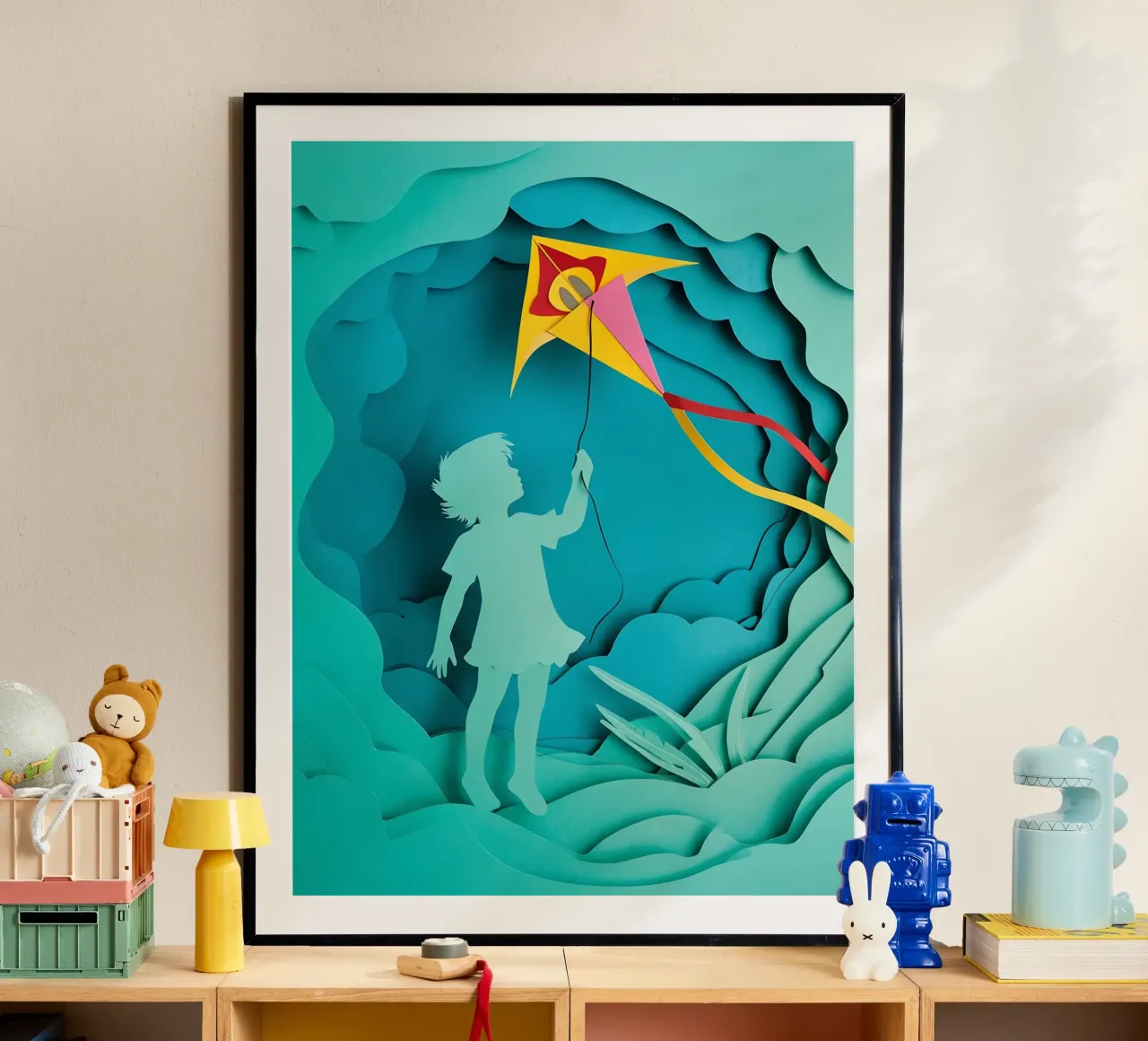 Niño volando una cometa Papercut Art poster con marco de plástico de Papercut Gallery