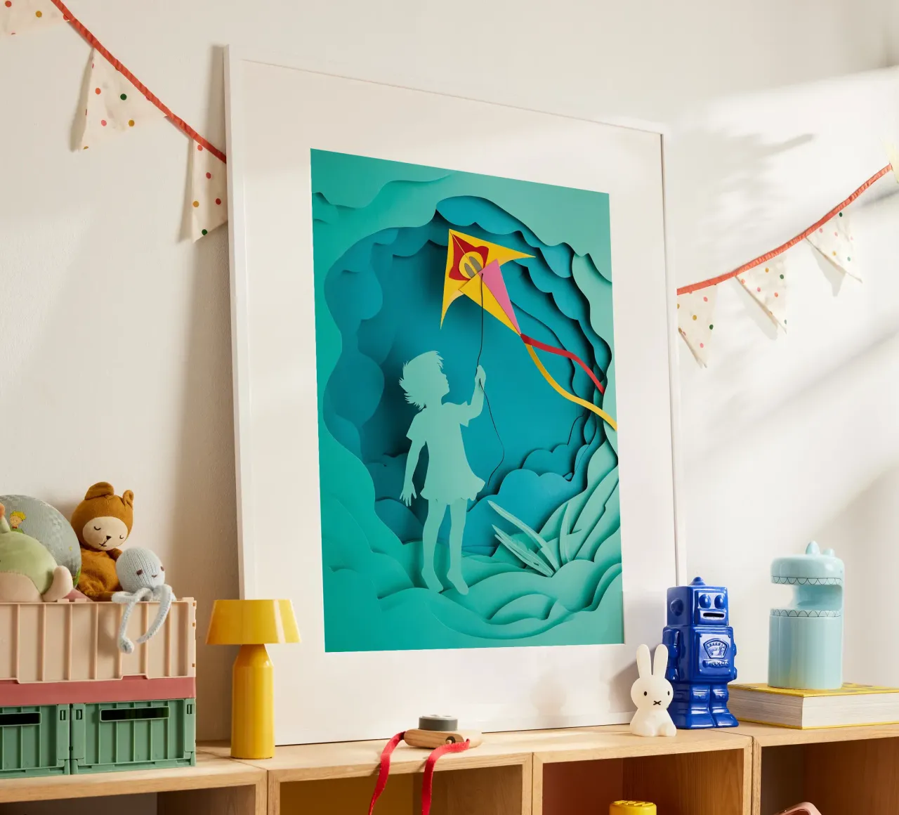 Niño volando una cometa Papercut Art poster con marco de plástico de Papercut Gallery