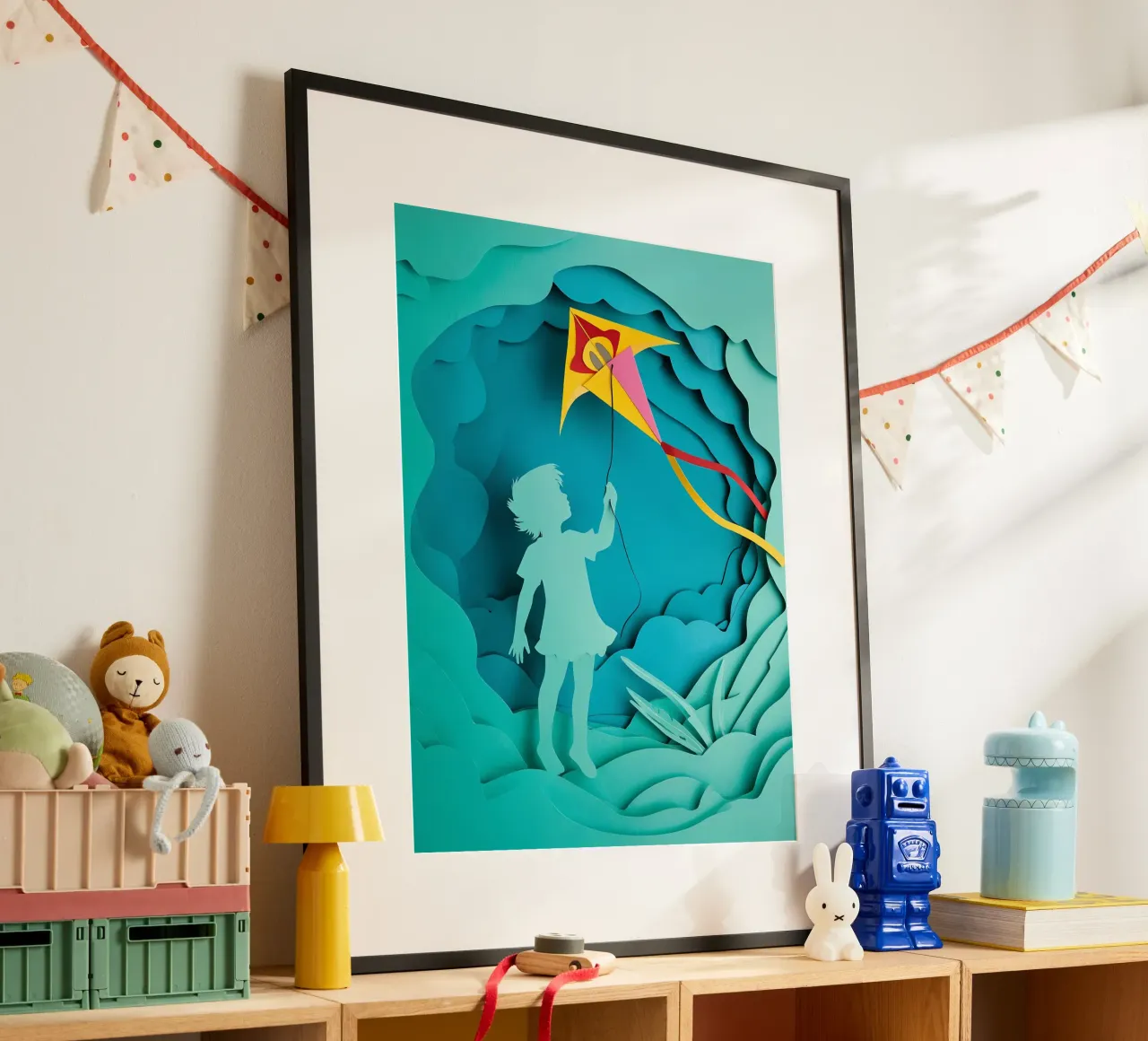 Niño volando una cometa Papercut Art poster con marco de plástico de Papercut Gallery