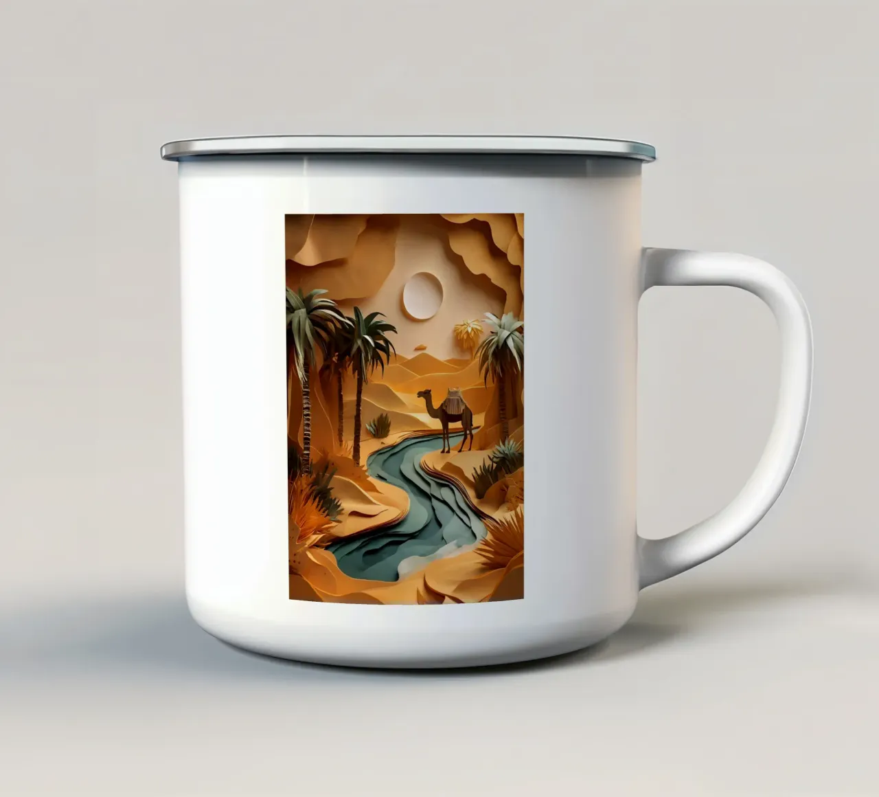 Cammello in un'oasi tazza in smalto da Papercut Gallery