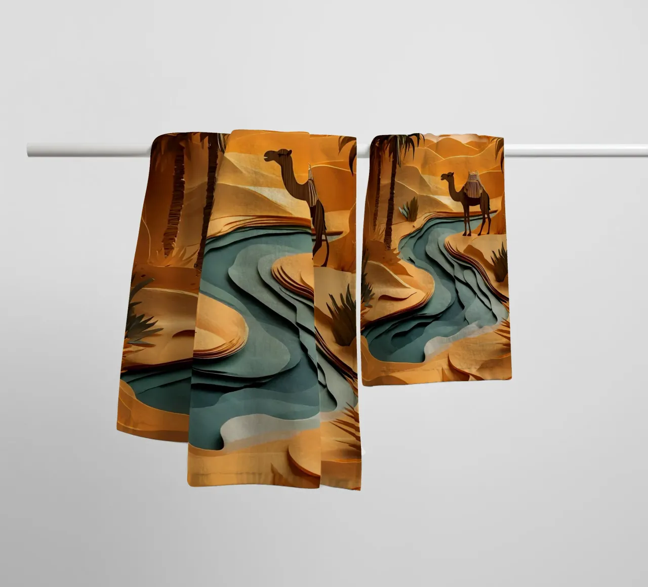 Cammello in un'oasi asciugamano da bagno da Papercut Gallery