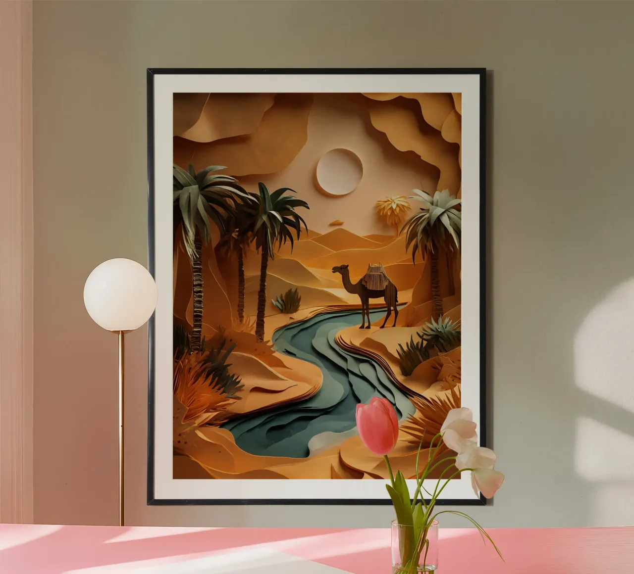 Cammello in un'oasi poster con telaio in legno da Papercut Gallery