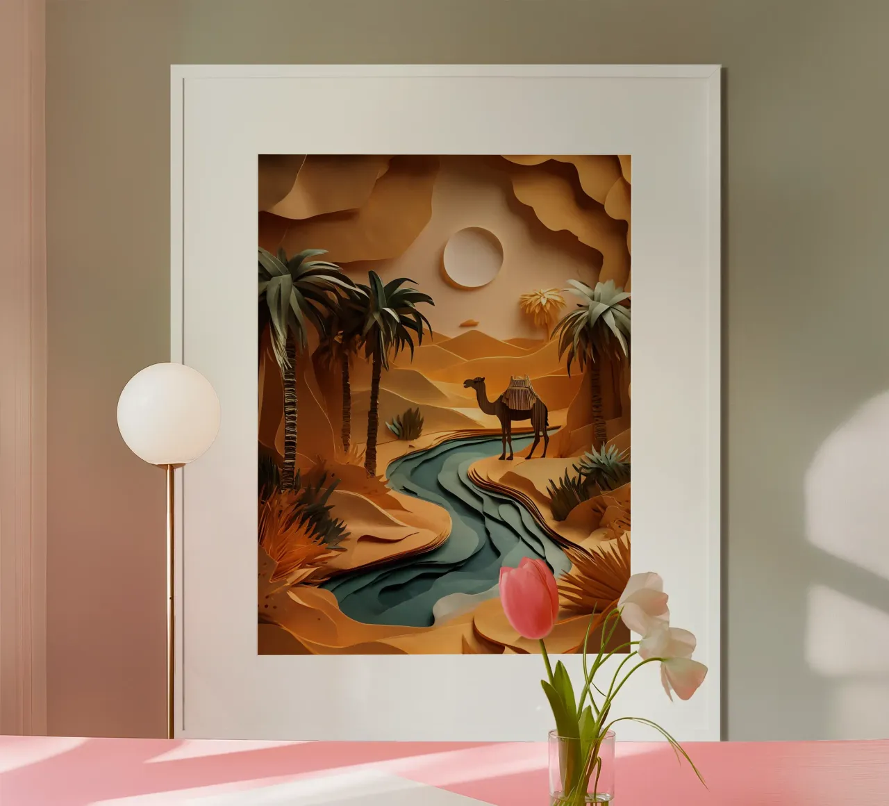 Cammello in un'oasi poster con telaio in legno da Papercut Gallery