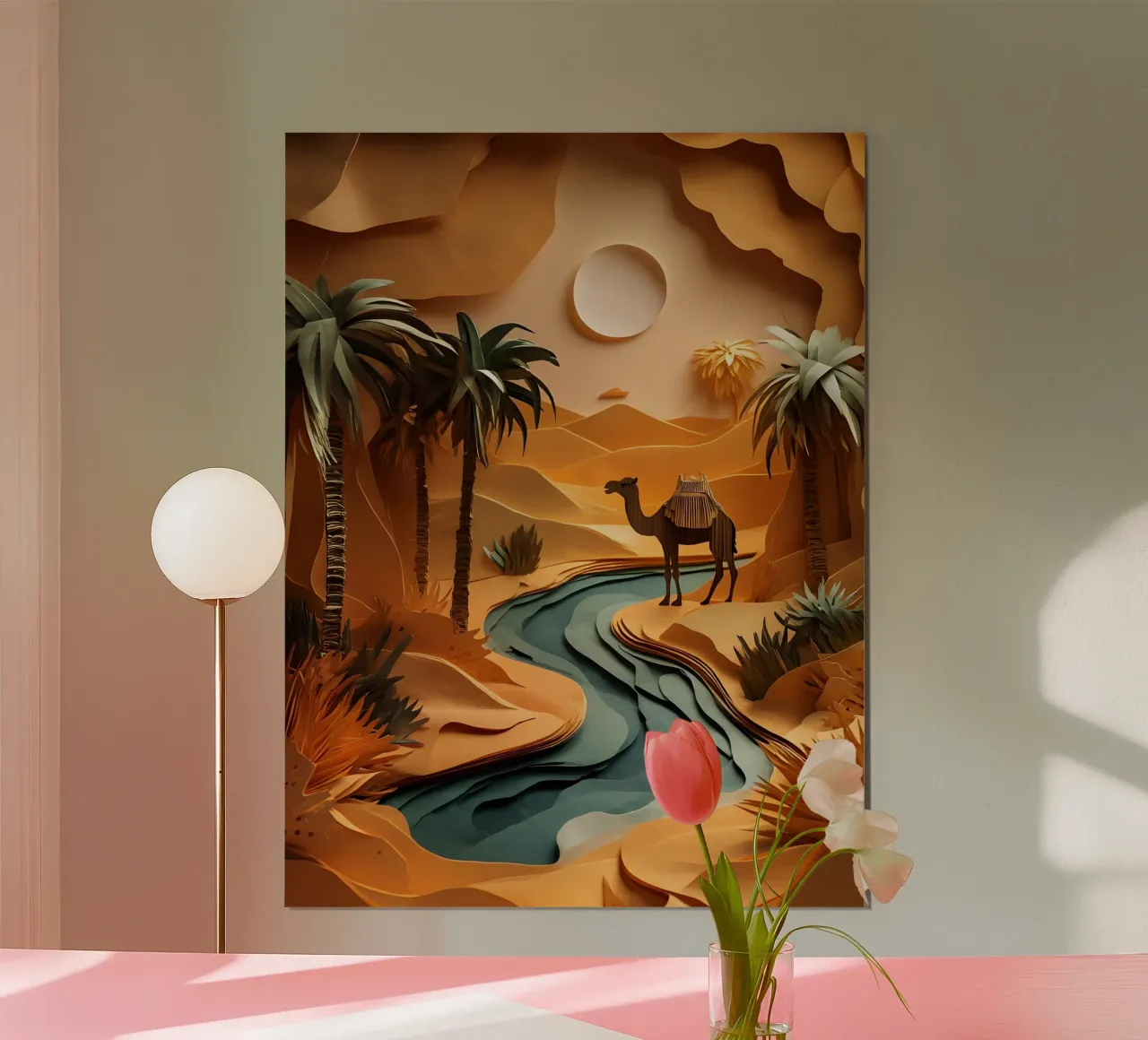 Cammello in un'oasi poster con telaio in legno da Papercut Gallery