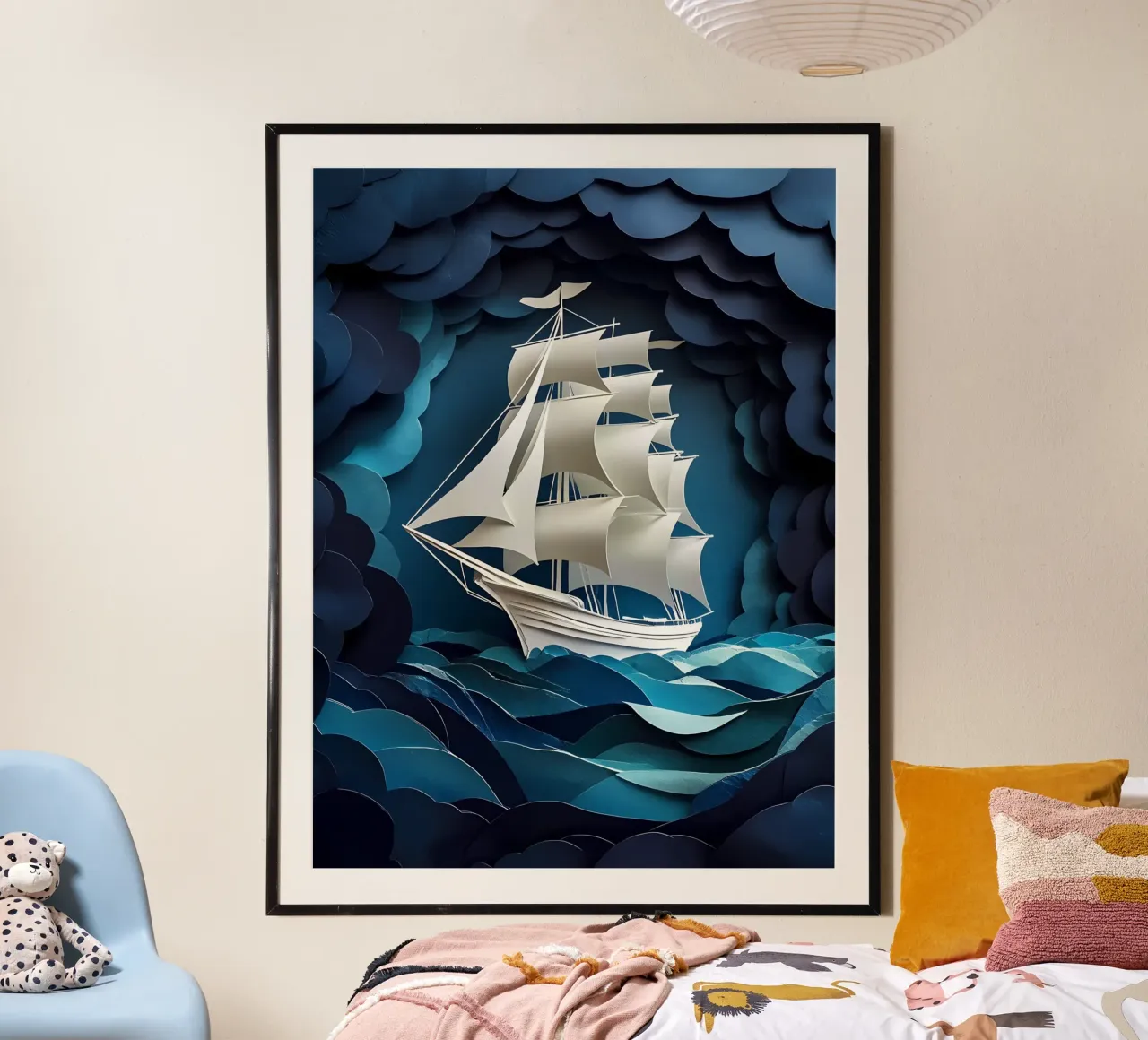Segelschiff Scherenschnitt Kunst Poster mit Holzrahmen von Papercut Gallery