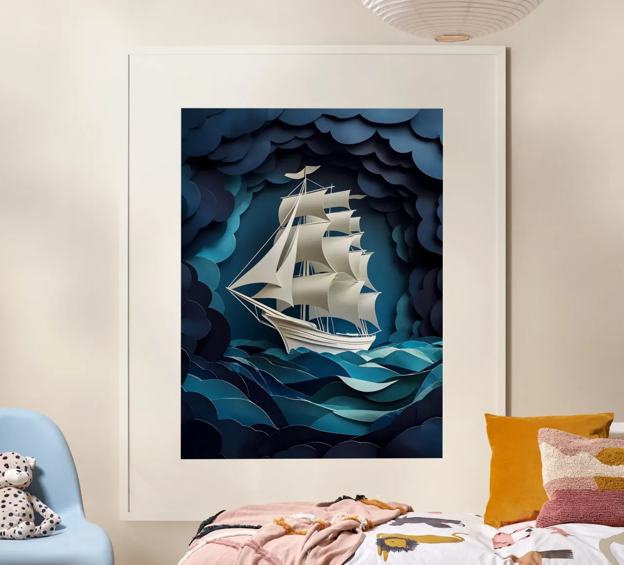 Segelschiff Scherenschnitt Kunst Poster mit Holzrahmen von Papercut Gallery