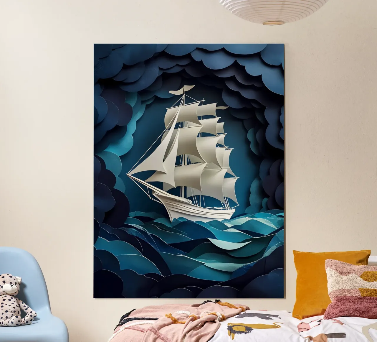 Segelschiff Scherenschnitt Kunst Poster mit Holzrahmen von Papercut Gallery