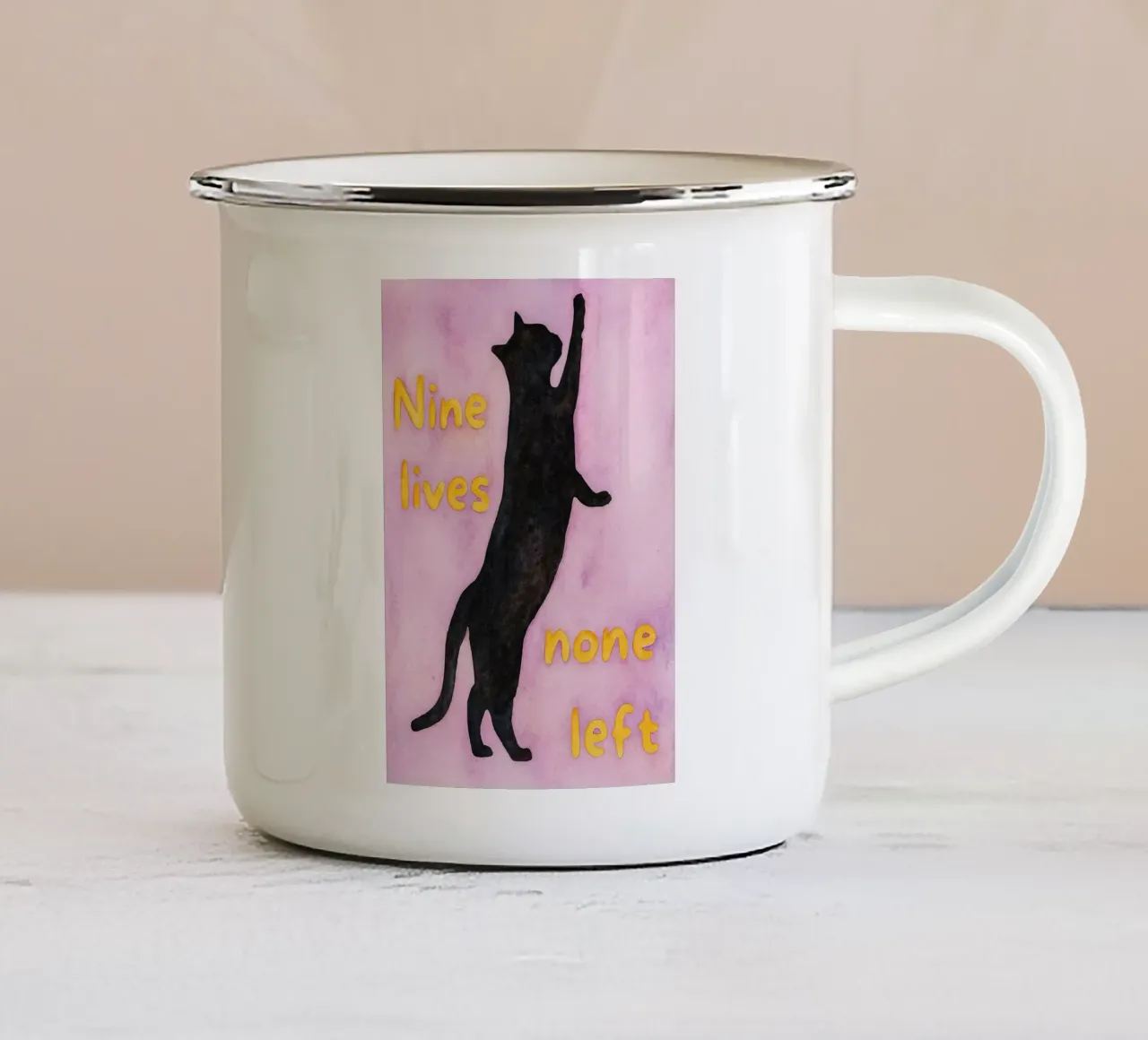 nove vite non sinistra gatto pittura tazza in smalto da Goldend