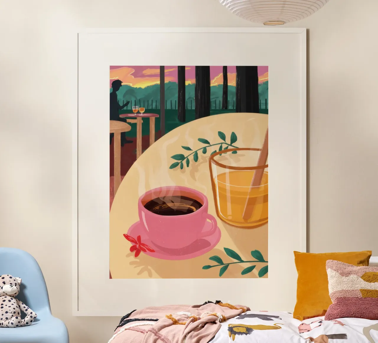 Colazione sulla terrazza all'alba poster con telaio in legno da Thistle Bloom