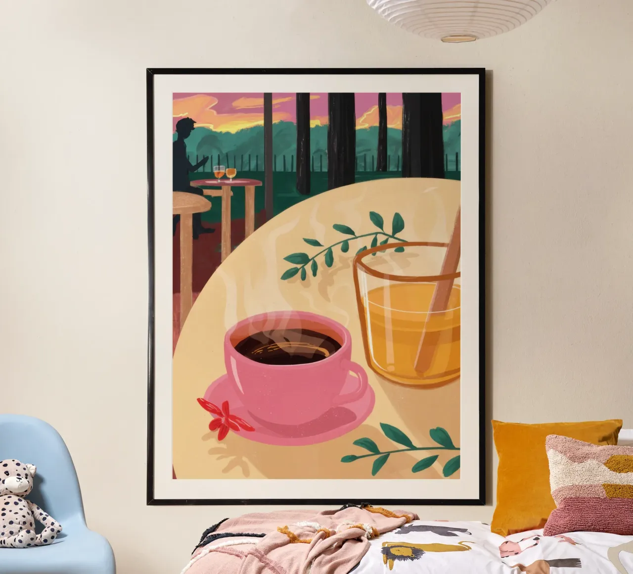 Colazione sulla terrazza all'alba poster con telaio in legno da Thistle Bloom