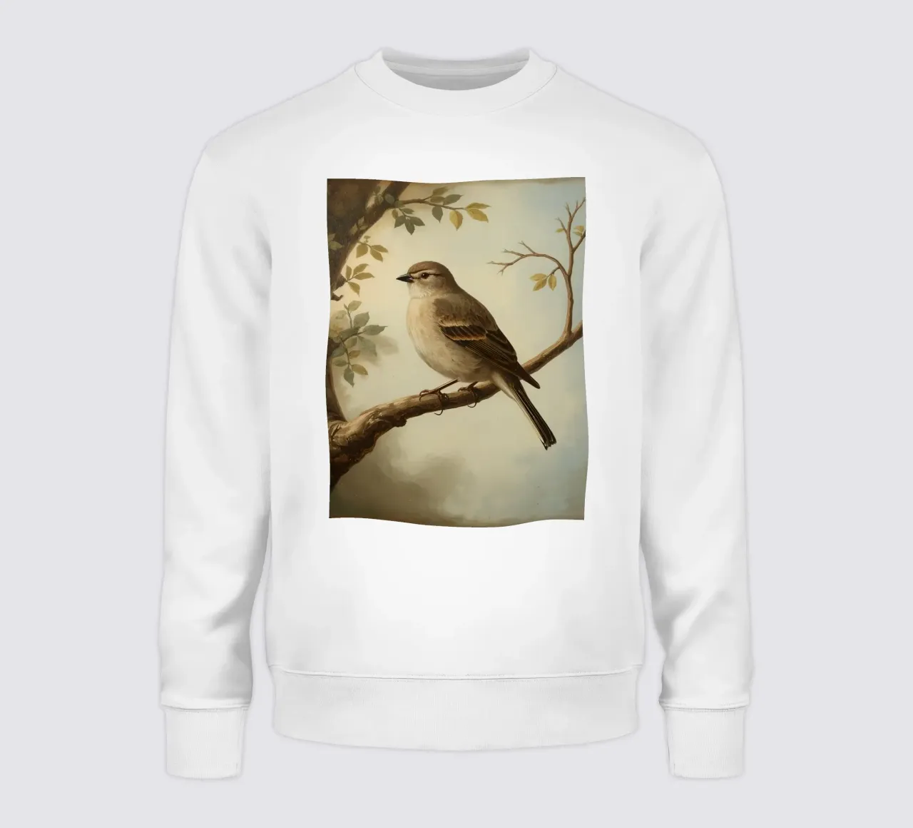 Passero appollaiato su un ramo con foglie morbide in un ambiente tranquillo felpa da DesignDoodle