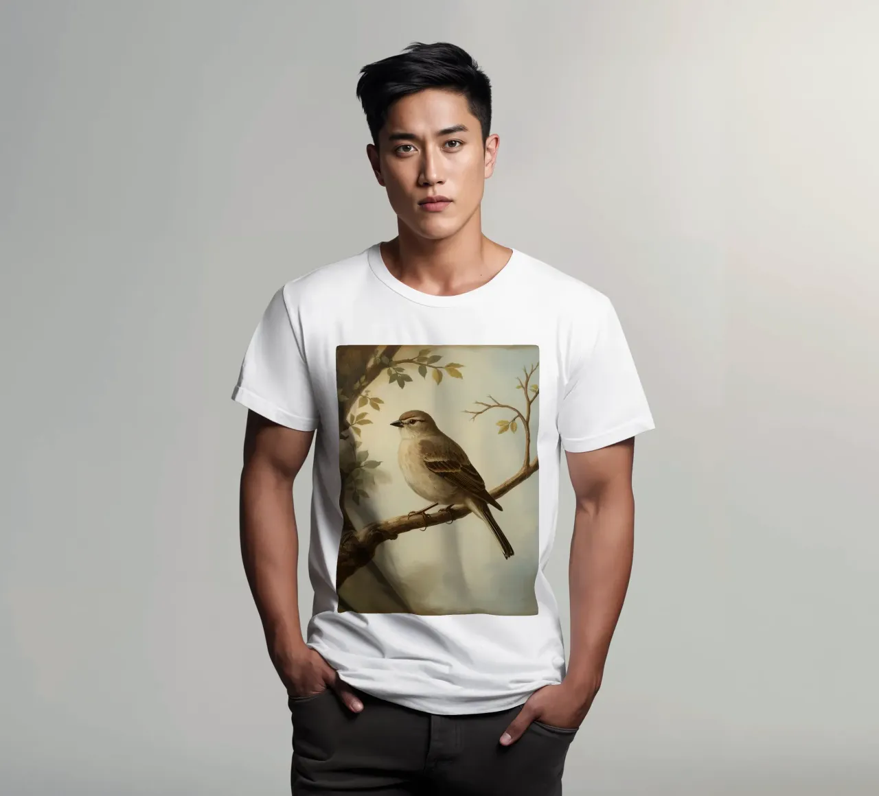 Sparrow perched on a branch with soft leaves in a calm t-shirt by DesignDoodle