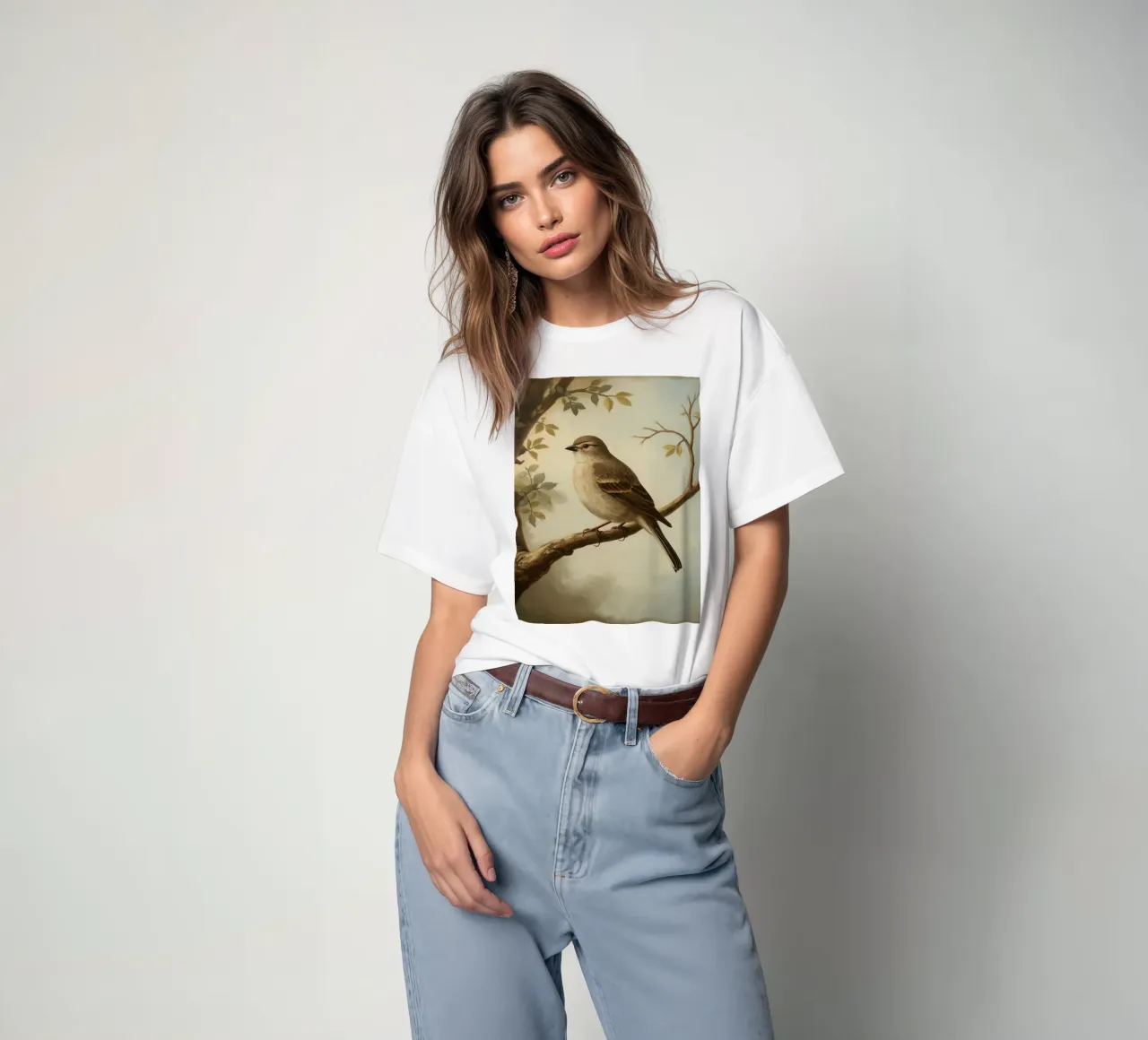 Sparrow perched on a branch with soft leaves in a calm t-shirt by DesignDoodle