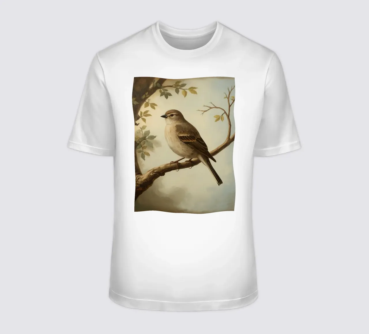 Sparrow perched on a branch with soft leaves in a calm t-shirt by DesignDoodle