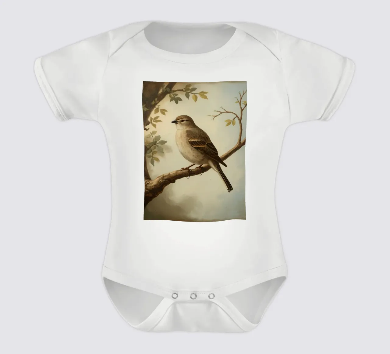 Sparrow perched on a branch with soft leaves in a calm short-sleeve baby romper by DesignDoodle