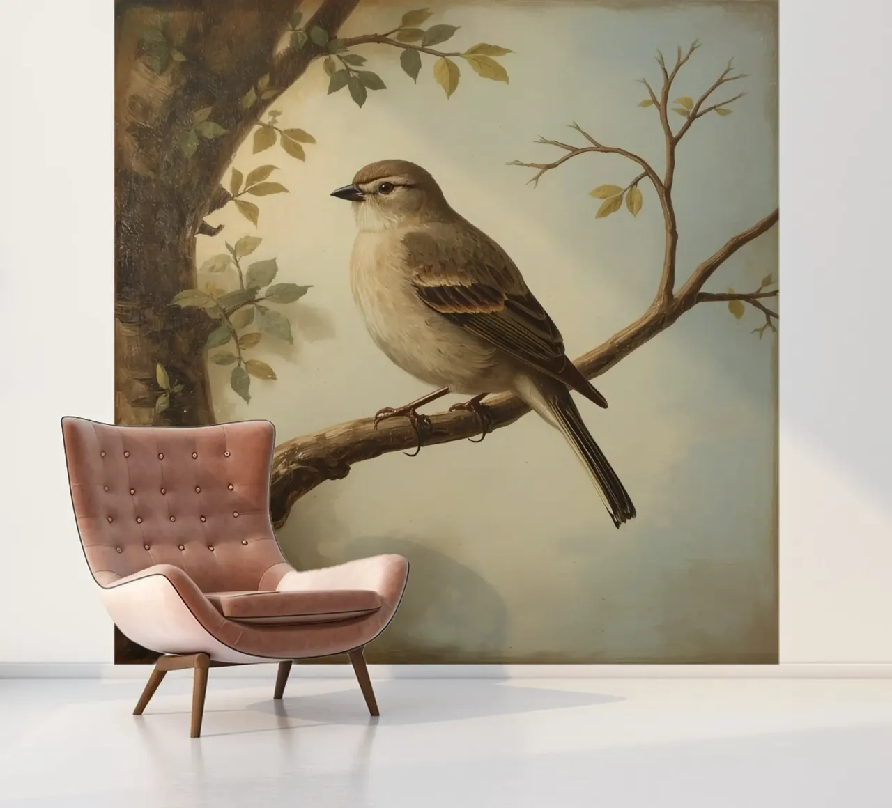 Sperling auf einem Zweig mit weichen Blättern in einer ruhigen Fototapete von DesignDoodle