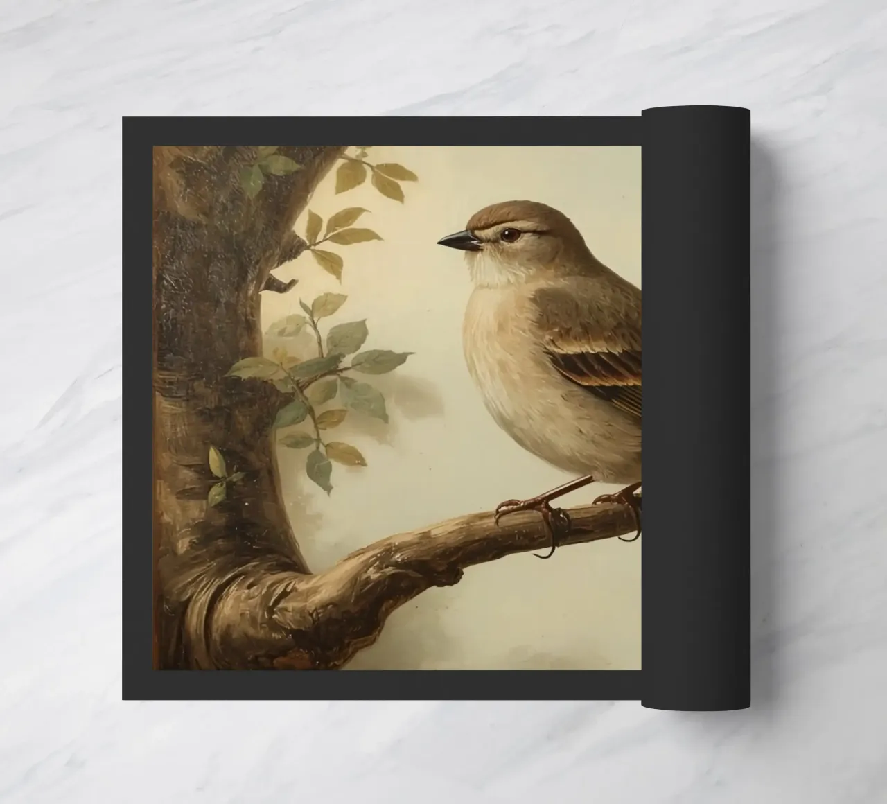 Sparrow perched on a branch with soft leaves in a calm doormat by DesignDoodle
