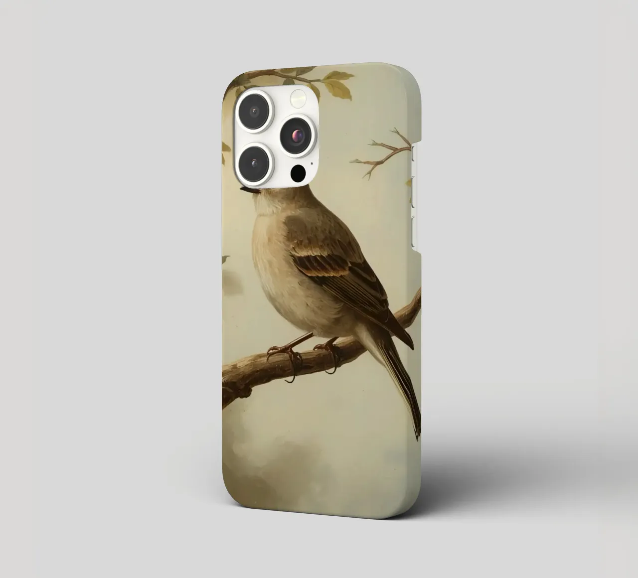 Sparrow perched on a branch with soft leaves in a calm iphone case by DesignDoodle