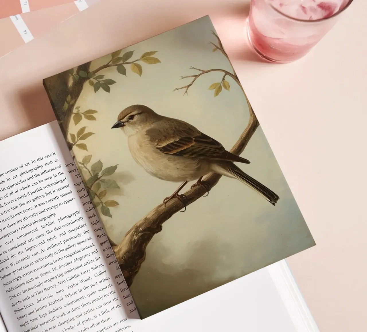 Sparrow perched on a branch with soft leaves in a calm notebook by DesignDoodle