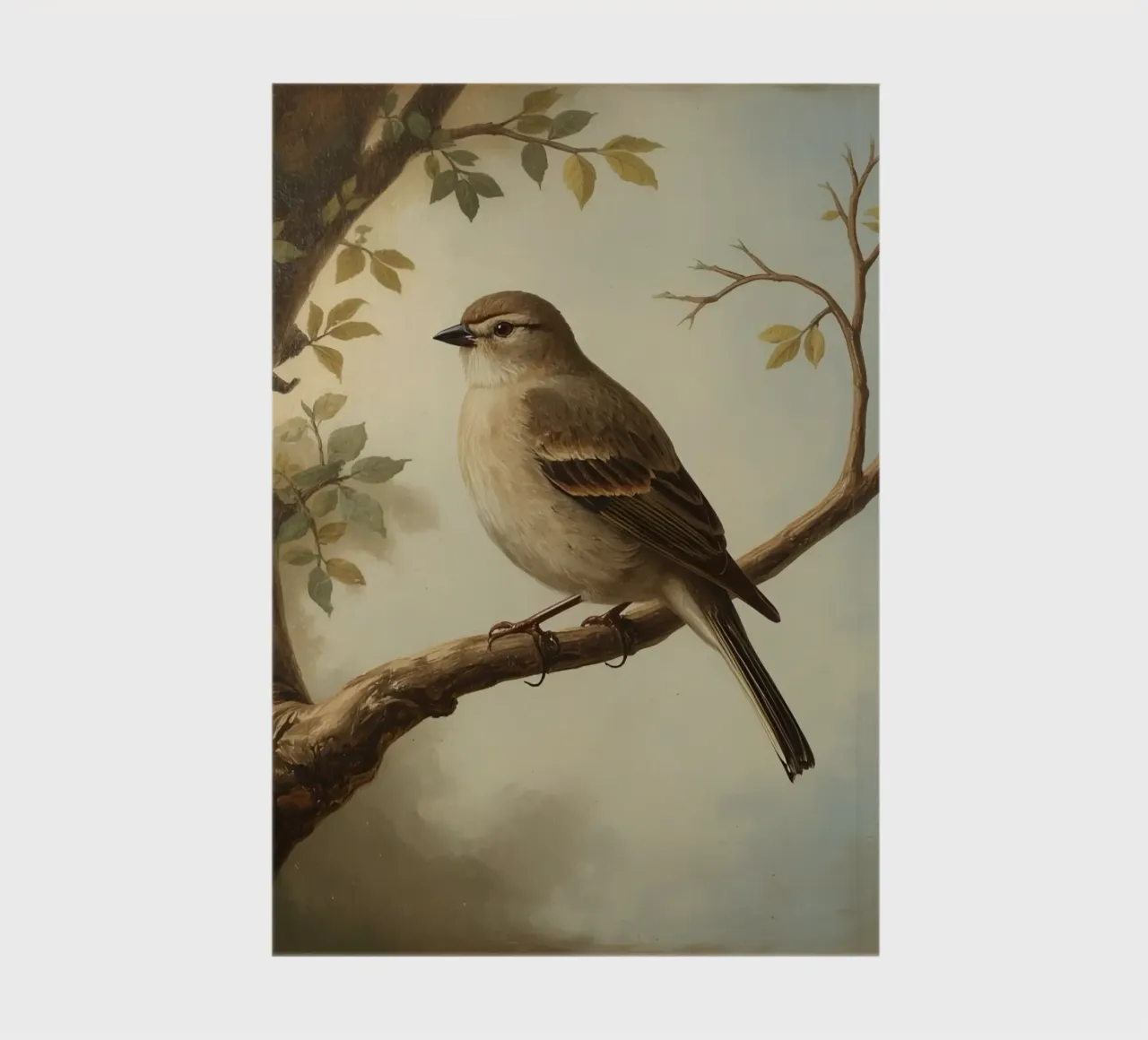 Sparrow perched on a branch with soft leaves in a calm notebook by DesignDoodle