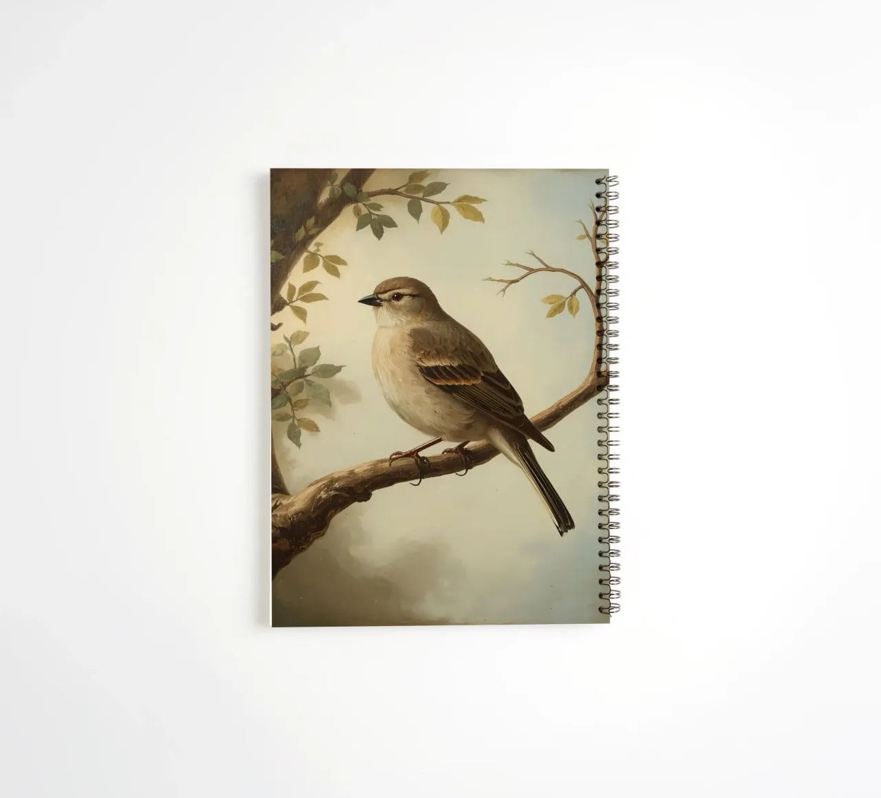 Sparrow perched on a branch with soft leaves in a calm spiral notebook by DesignDoodle