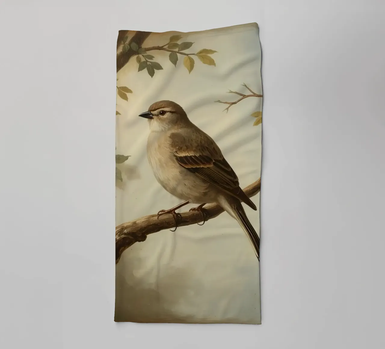 Sparrow perched on a branch with soft leaves in a calm towel by DesignDoodle
