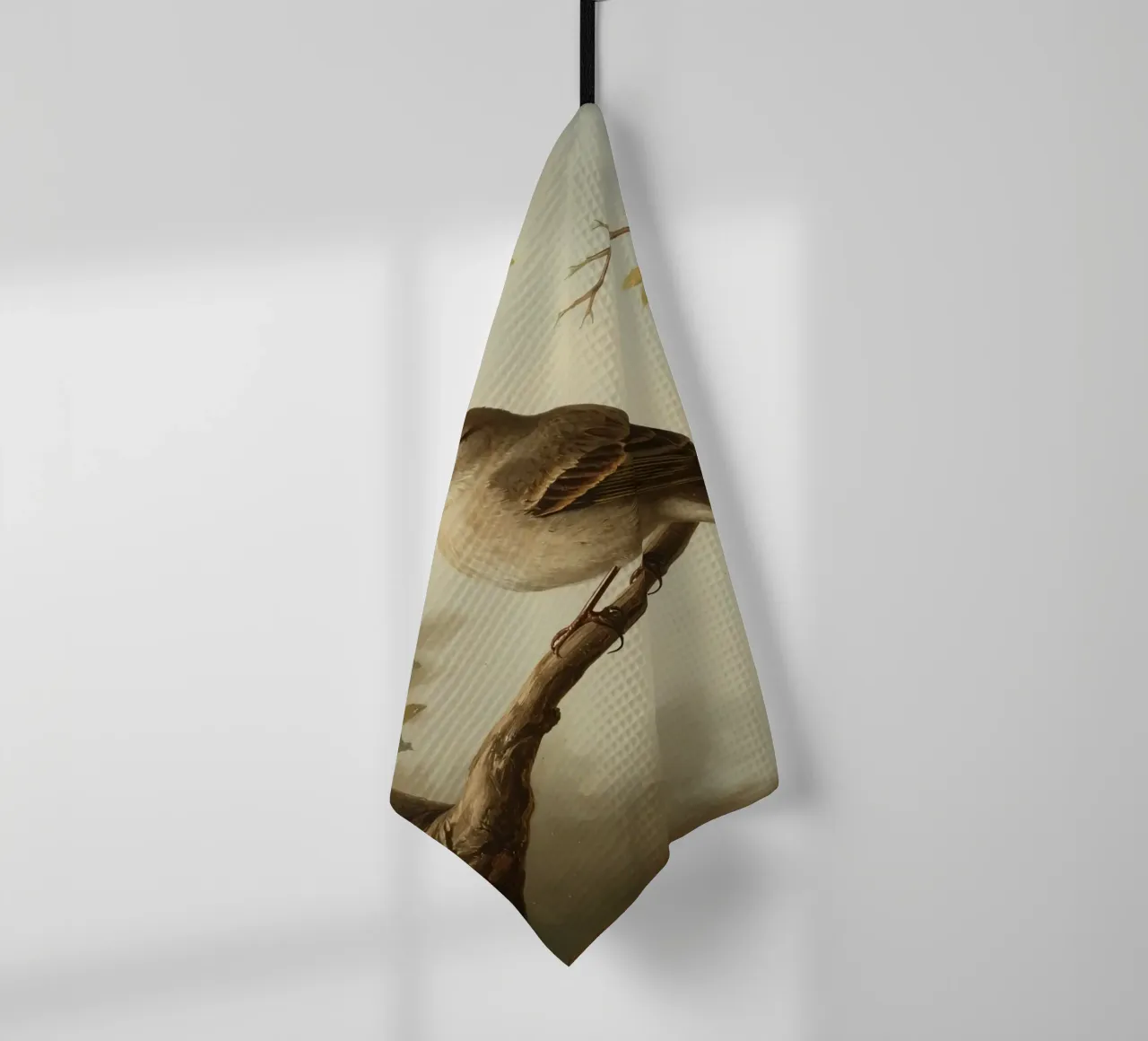Sparrow perched on a branch with soft leaves in a calm tea towel by DesignDoodle