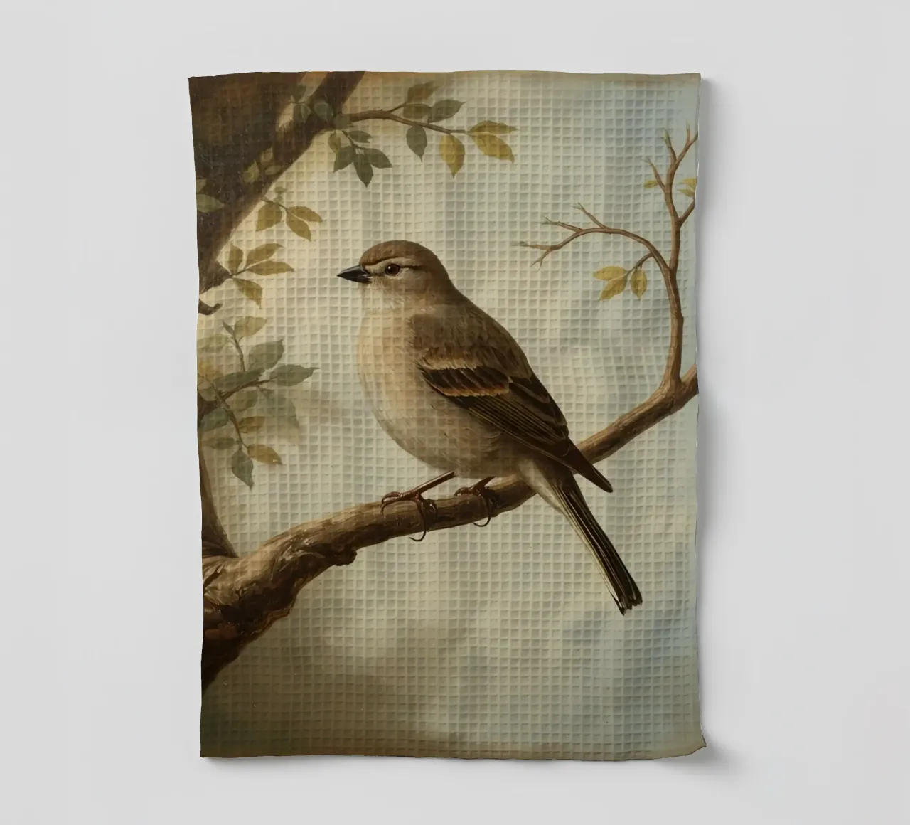 Sparrow perched on a branch with soft leaves in a calm tea towel by DesignDoodle