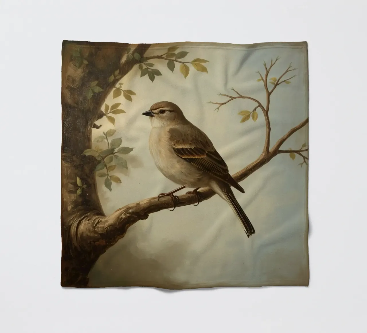 Passero appollaiato su un ramo con foglie morbide in un ambiente tranquillo coperta in pile da DesignDoodle