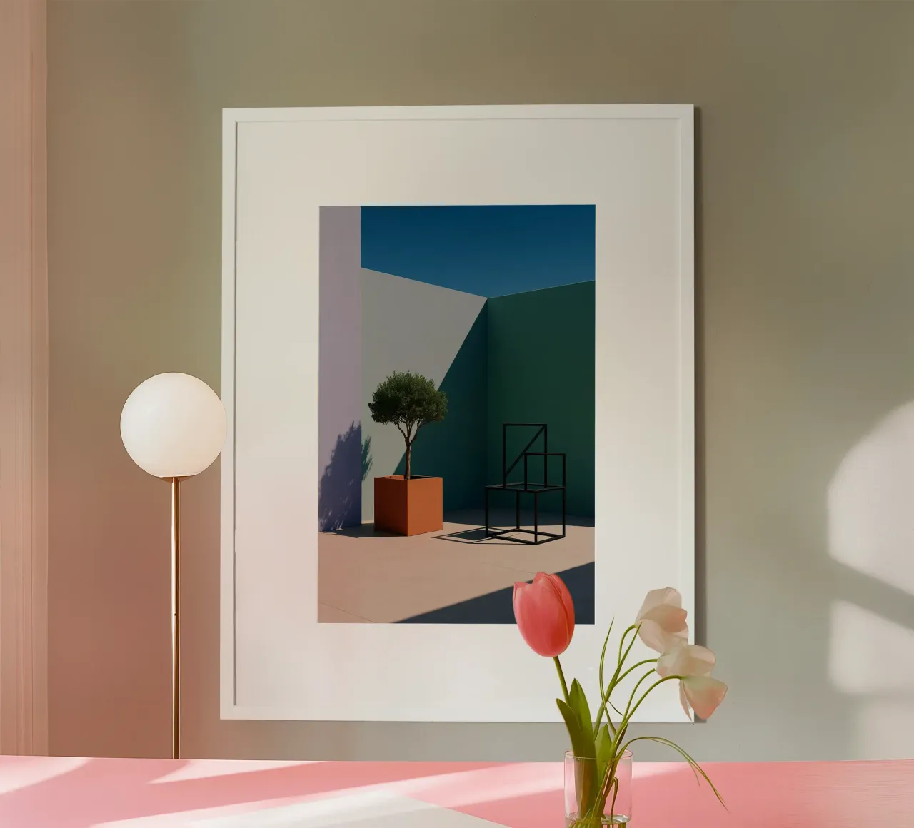Armonía geométrica - Le calme pastel en architecture poster con marco de plástico de Affiches Minimalistes