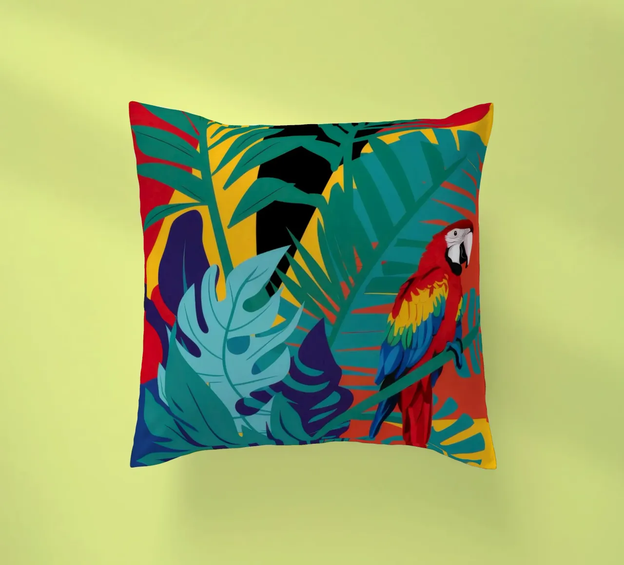 Crimson Parrot Paradise decorative cushion by Lunar Valentina