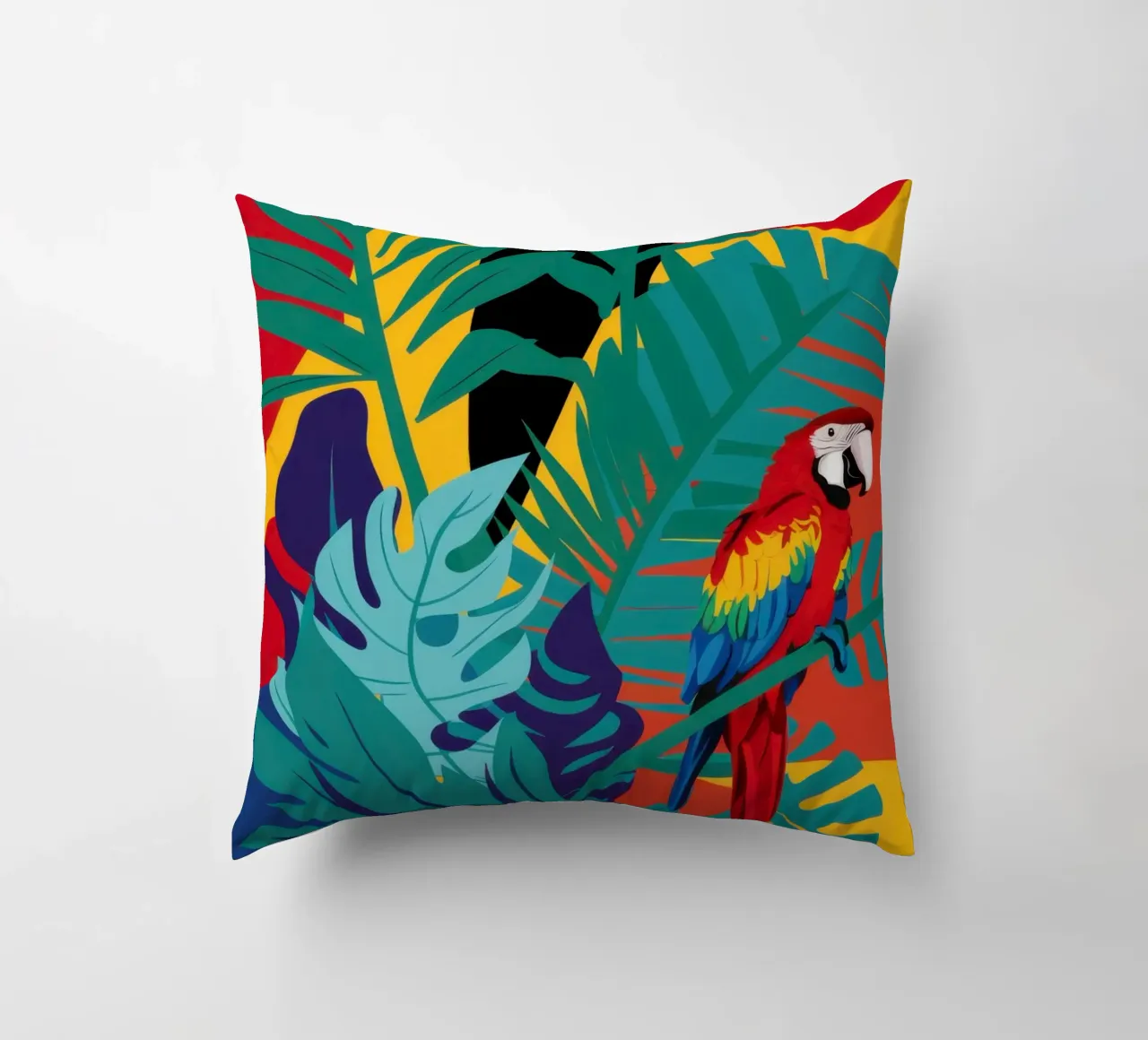 Crimson Parrot Paradise decorative cushion by Lunar Valentina