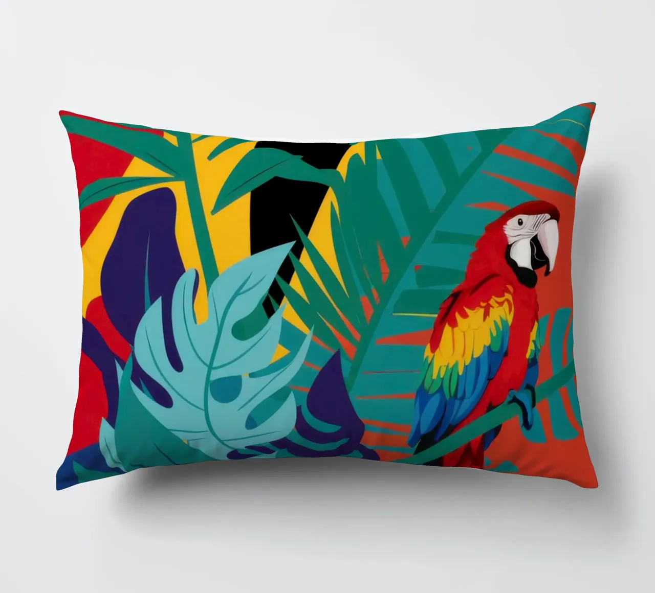 Crimson Parrot Paradise decorative cushion by Lunar Valentina