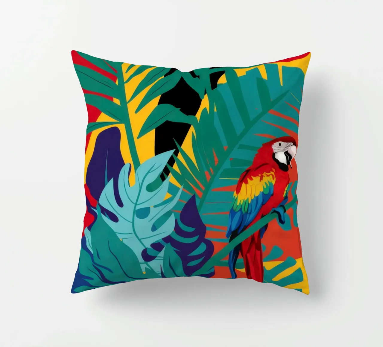 Crimson Parrot Paradise decorative cushion by Lunar Valentina
