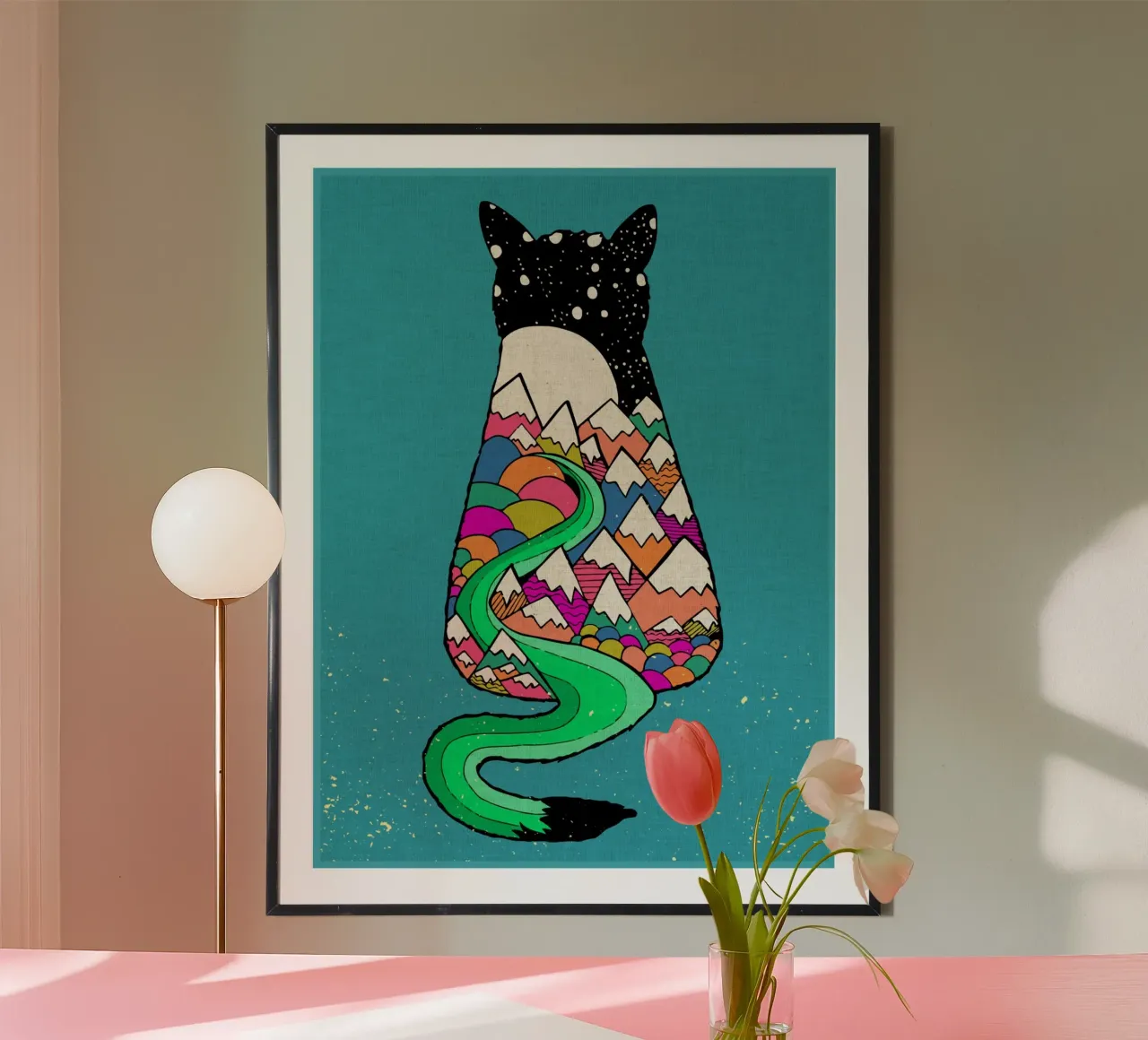Paesaggio di gatti poster con telaio in alluminio da Ashley Studio