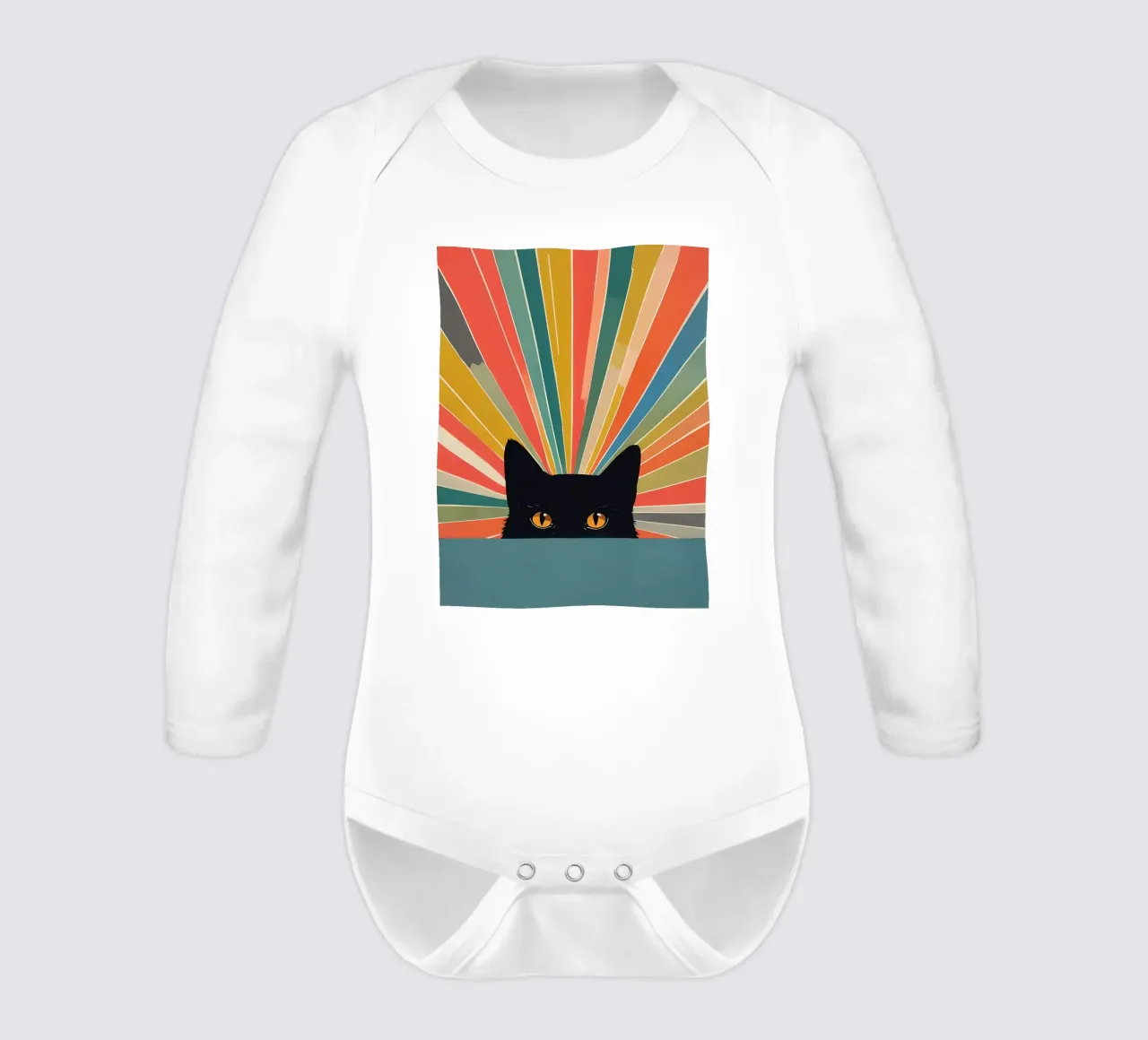 Gatto nero che fa capolino con i raggi colorati body neonato maniche lunghe da 🥝 KIWI STORE