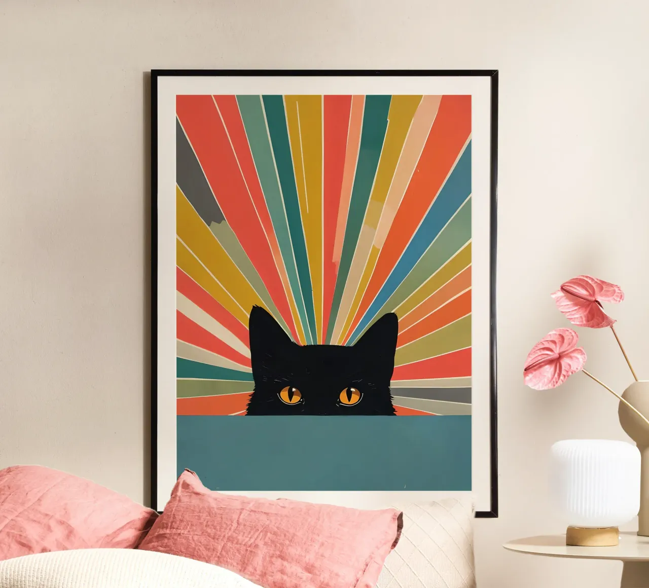 Black Cat Peeking with Colorful Rays hahnemühle by 🥝 KIWI STORE