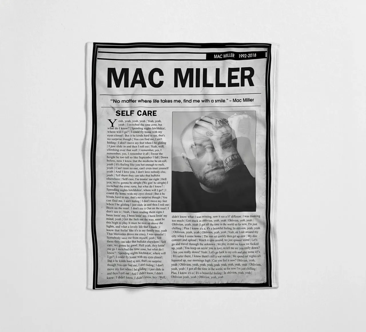 Self Care Mac Miller Newspaper fleece blanket by softseilish